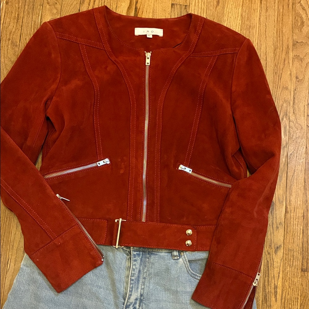 IRO Women's Cranberry Red Smokin’ Hot Suede Zip Moto Jacket Medium - Picture 4 of 9